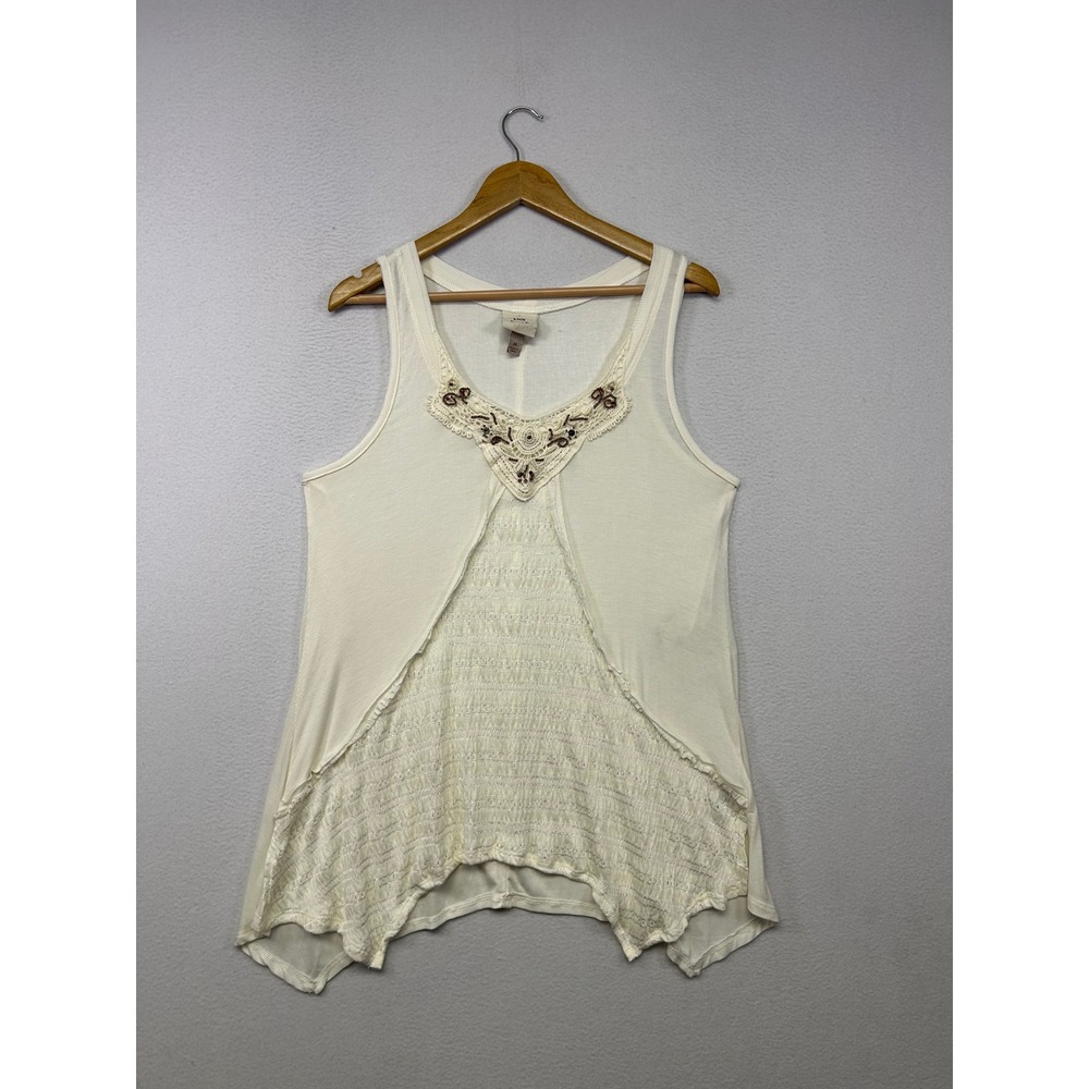 Boho Cottagecore Knox Rose Womens Medium Cream Embroidered Beaded Tank Top